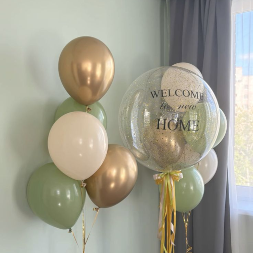 Chic Sage Green & Metallic Gold "Welcome to Your New Home" Balloon Bouquet Bundle