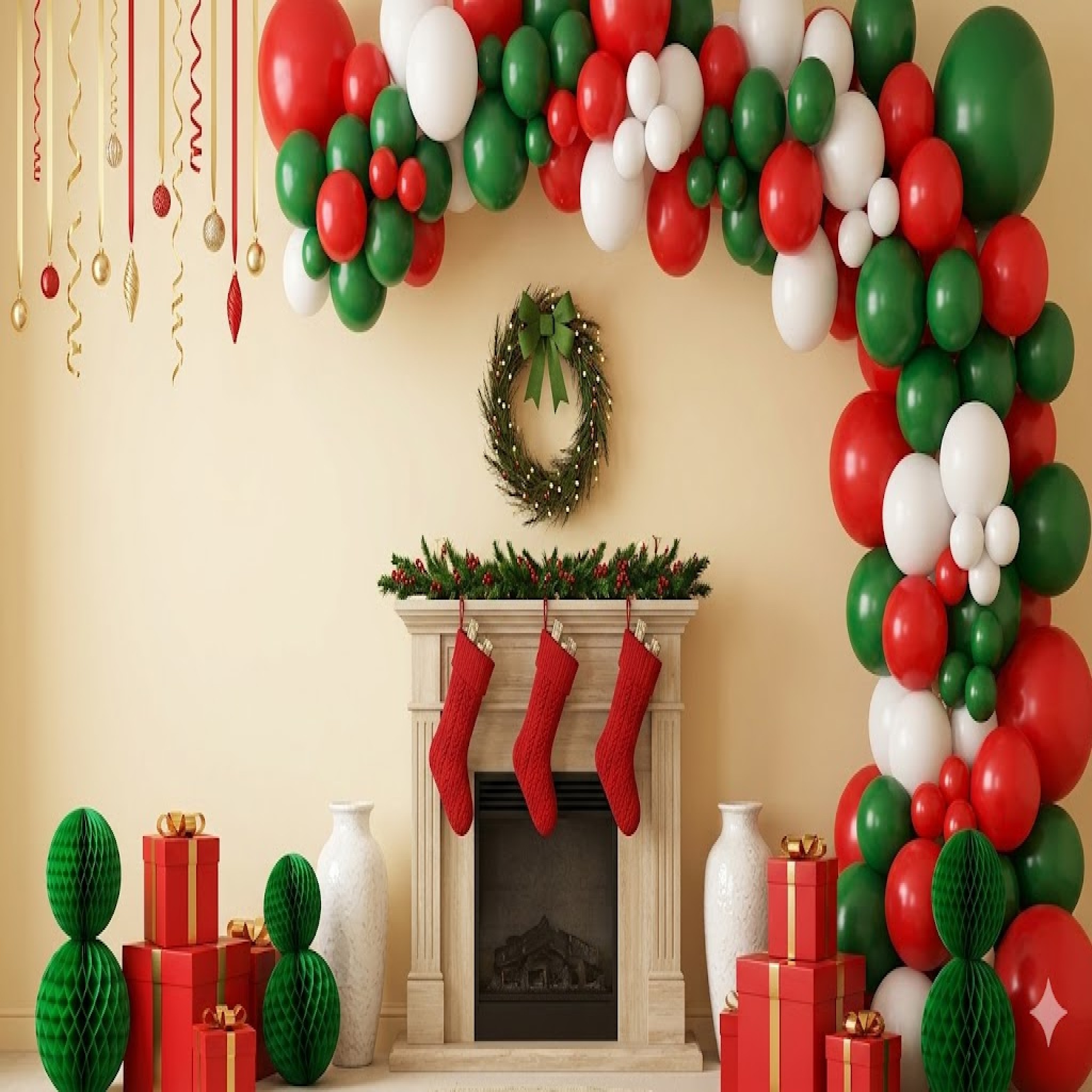 Classic Christmas Fireplace and Balloon Garland Backdrop