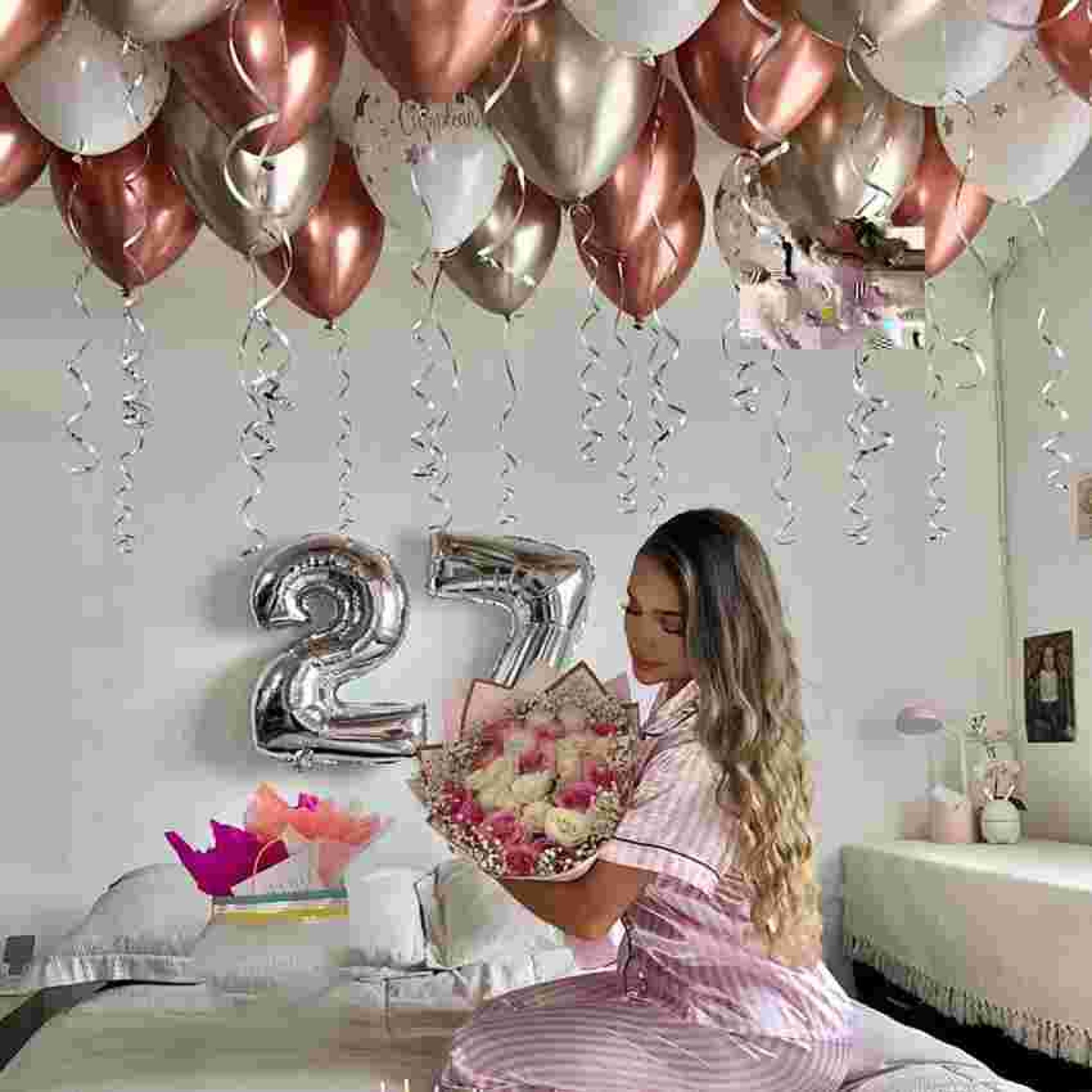 Elegant 27th Birthday Balloon Decoration Set with Fresh Flower Bouquet