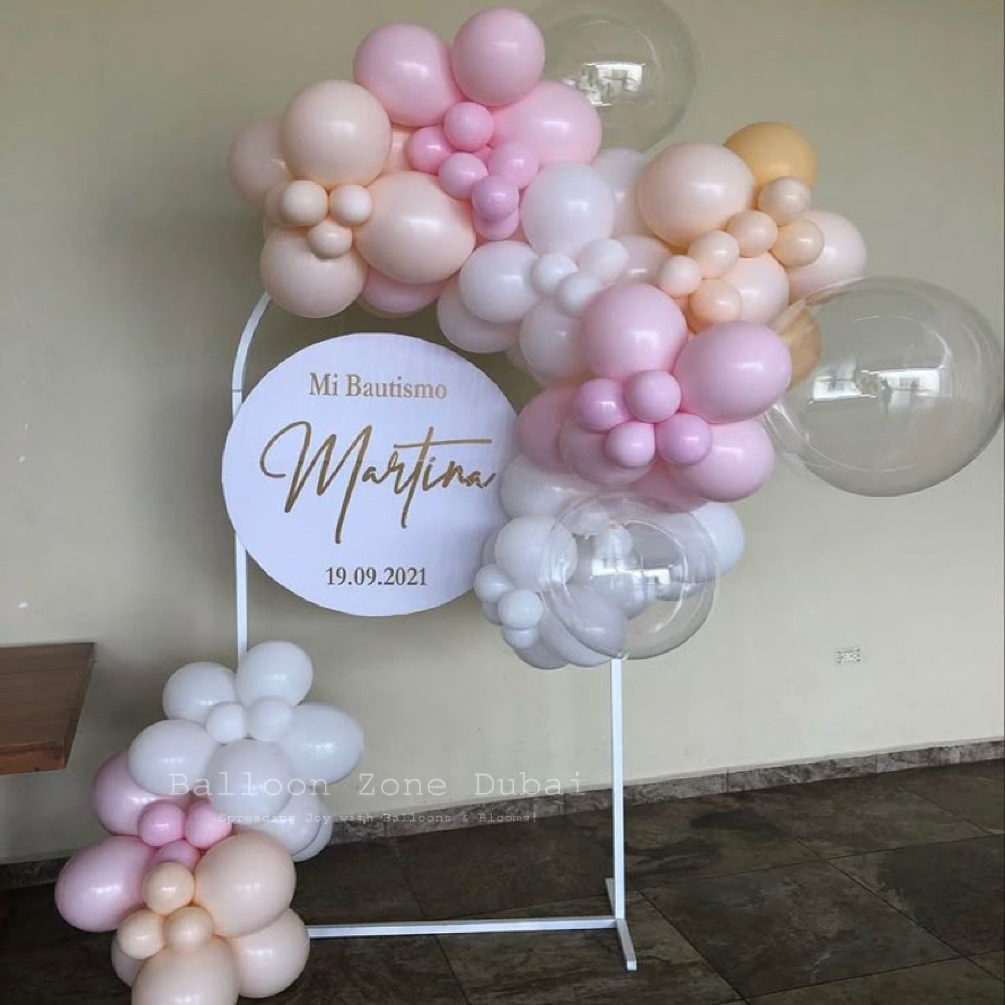 Elegant Pink & White Baptism Balloon Backdrop with Personalized Round Sign 