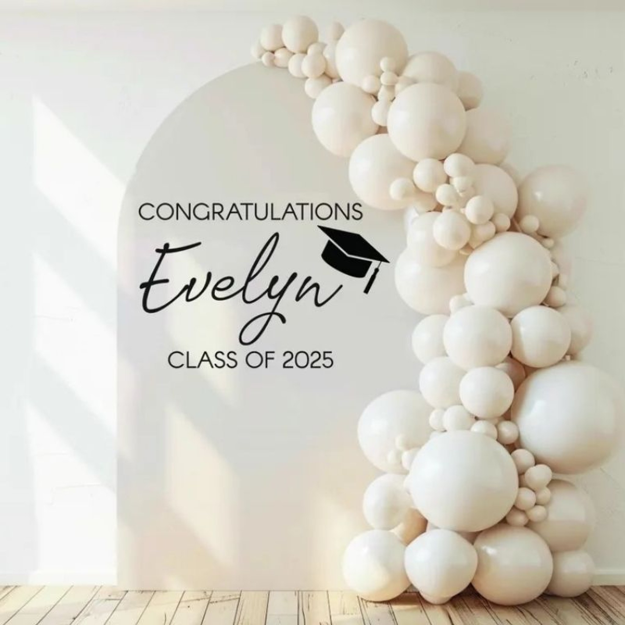 Personalized Ivory Graduation Backdrop with Organic Balloon Garland