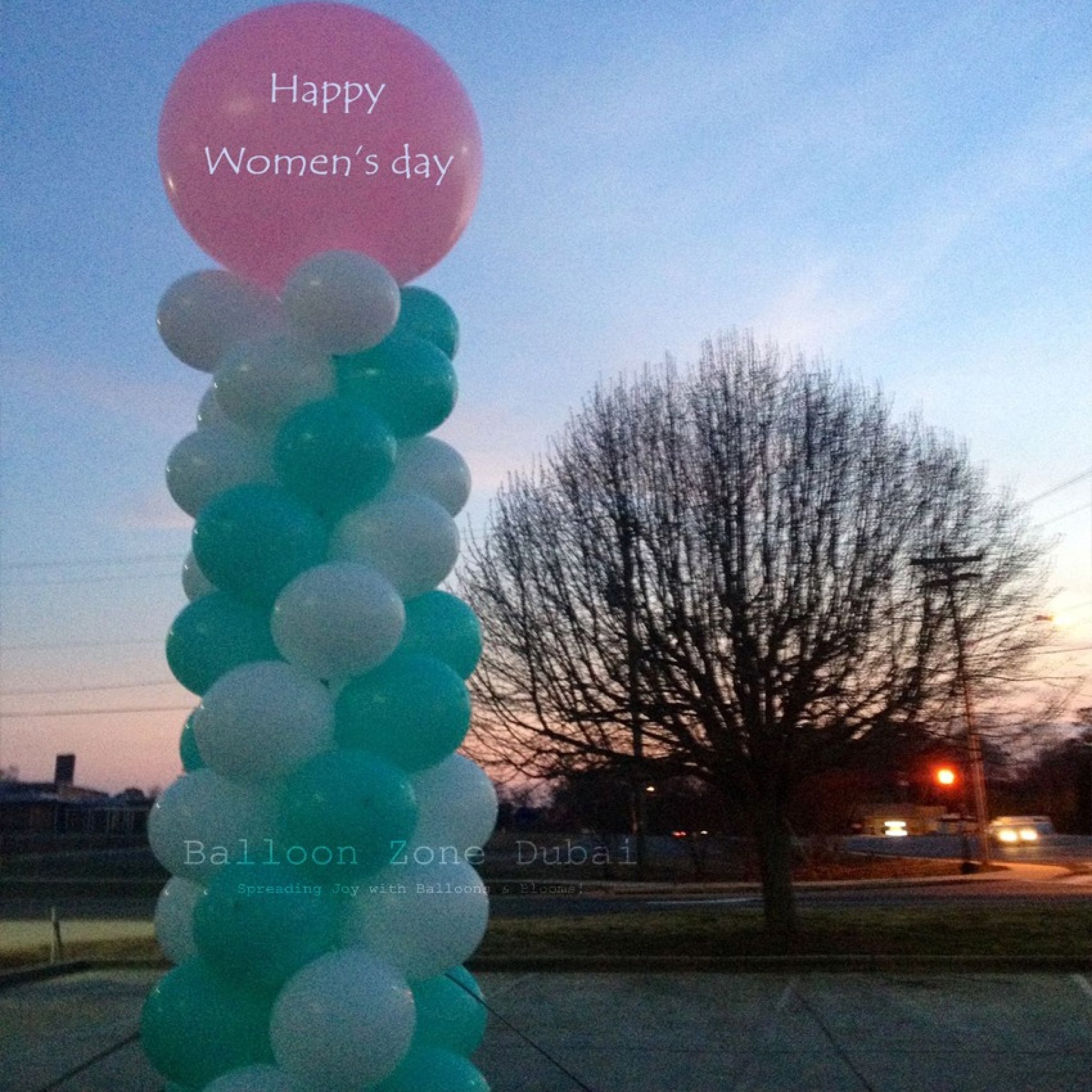 Happy Womenâ€™s Day Balloon Column with Personalized Giant Balloon Topper