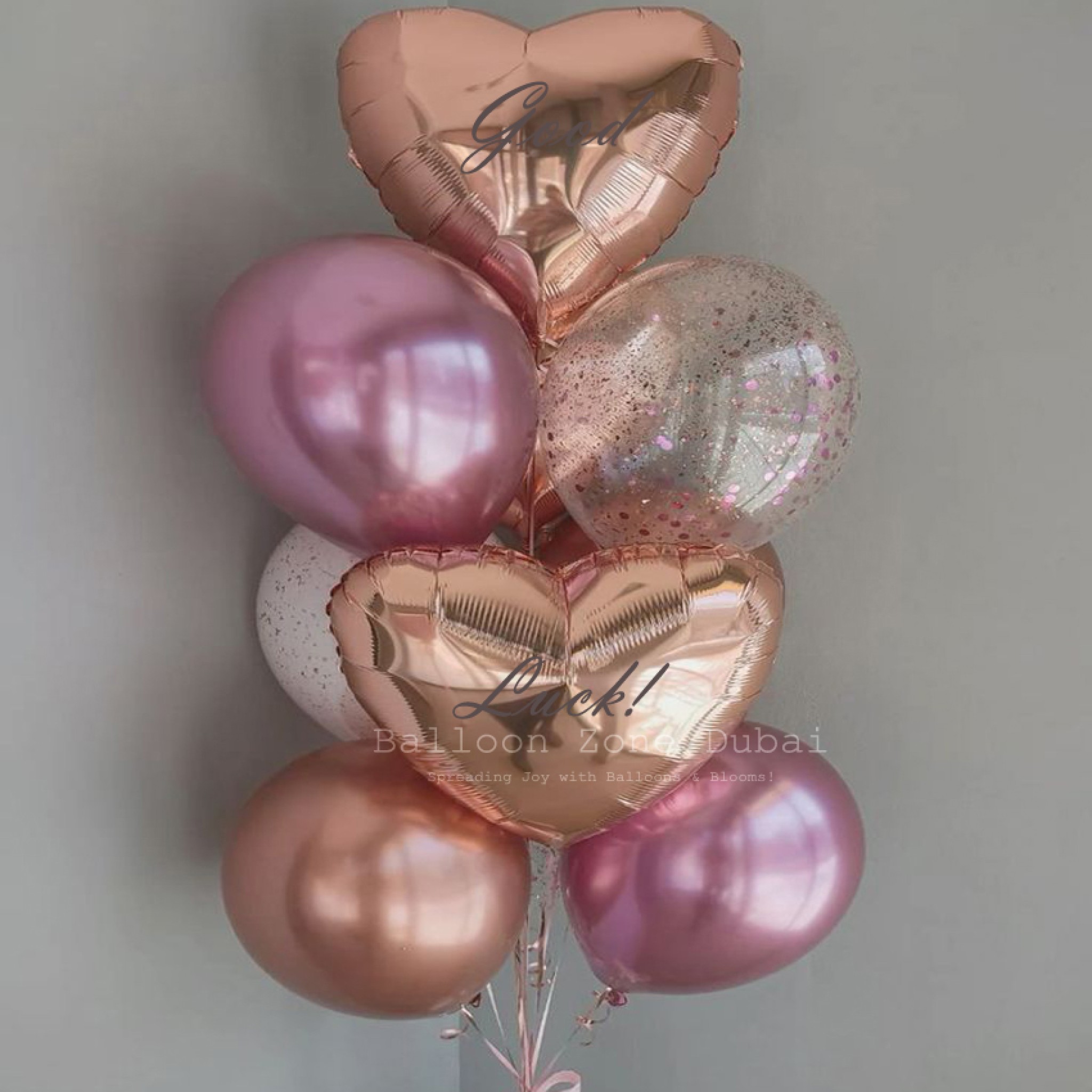 Heart & Rose Gold Confetti Good Luck Balloon Bouquet Package
