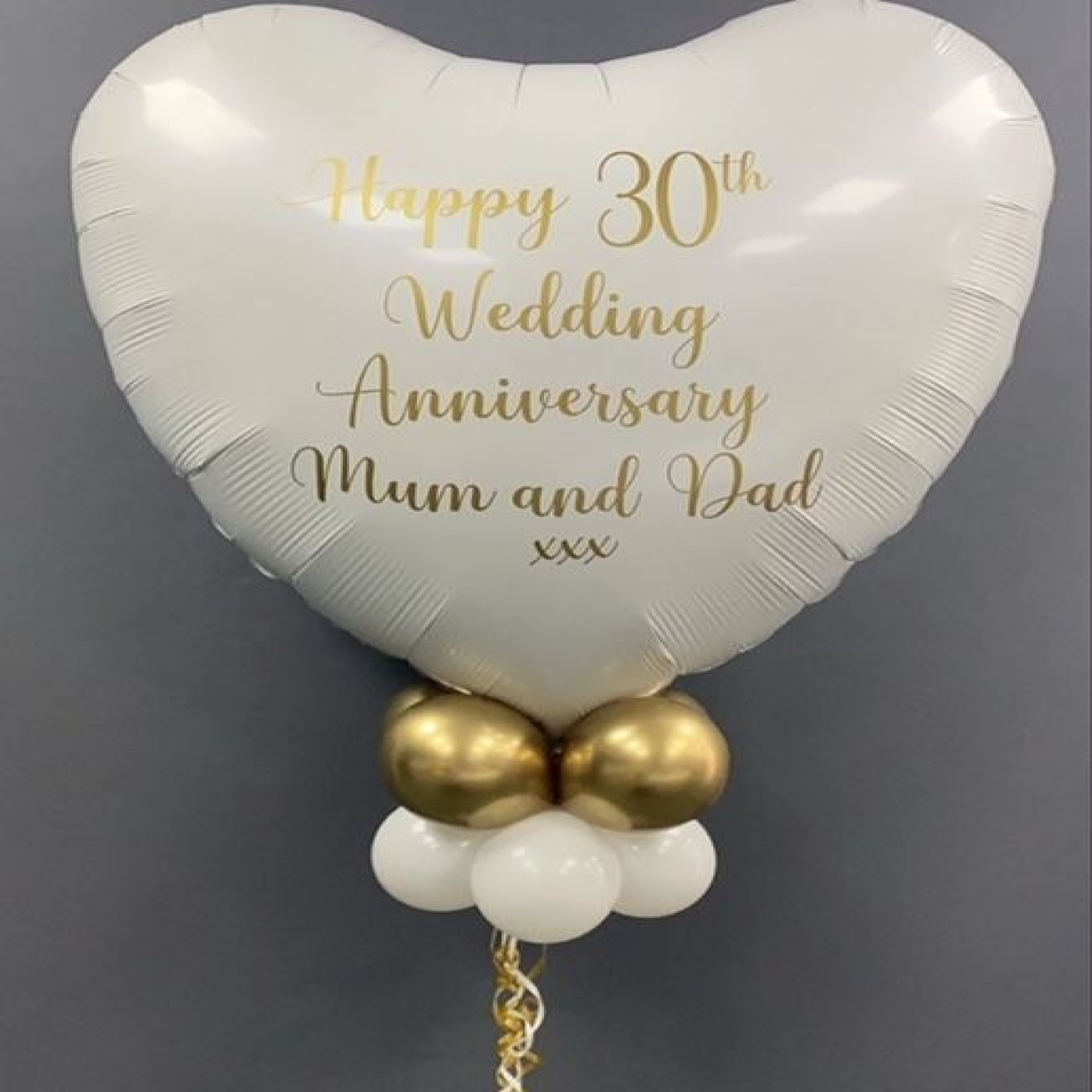 Personalized White Foil Heart Balloon Centerpiece with Gold Lettering