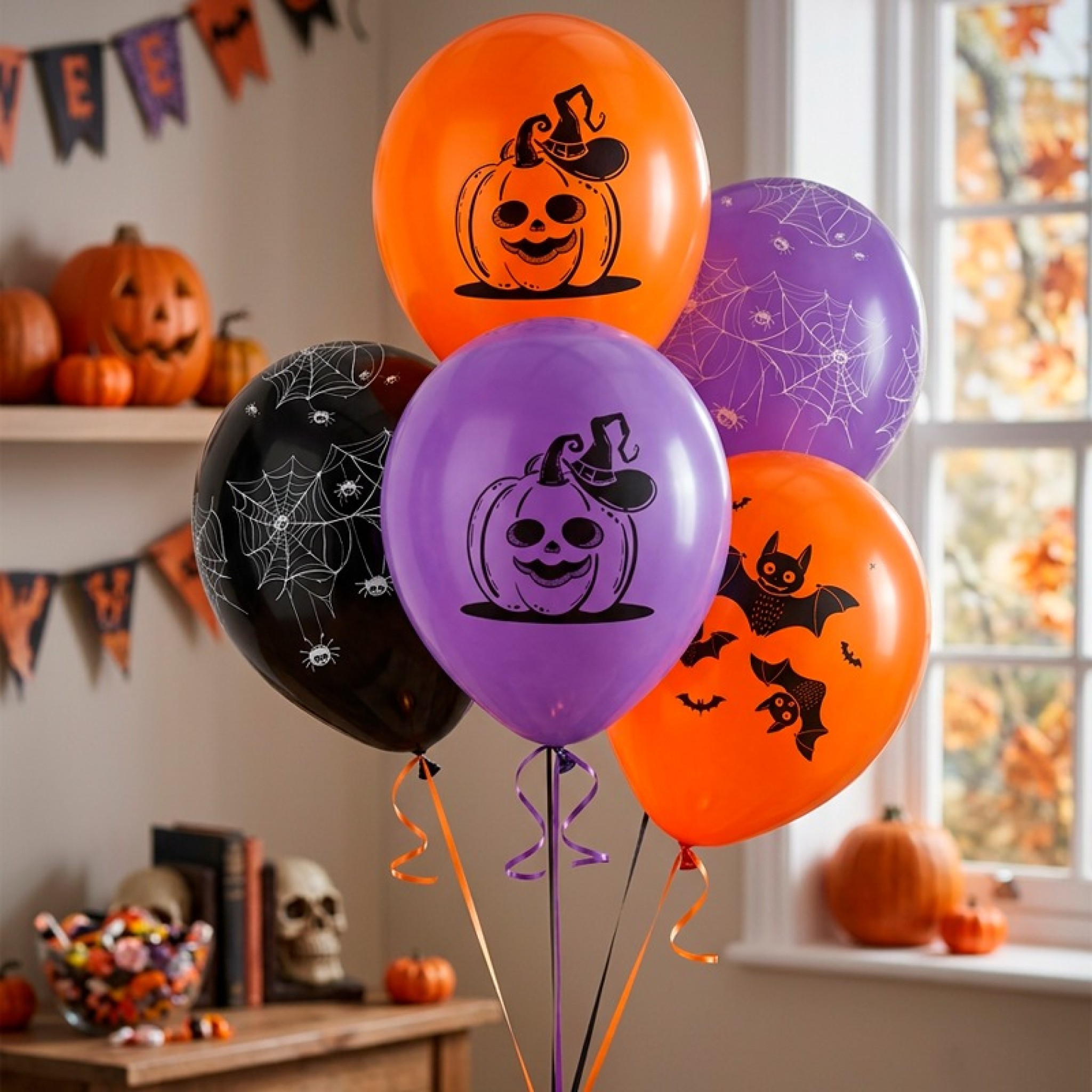 Spooktacular Halloween Balloon Bouquet â€“ Festive Pumpkin, Bat & Spiderweb Latex Balloons