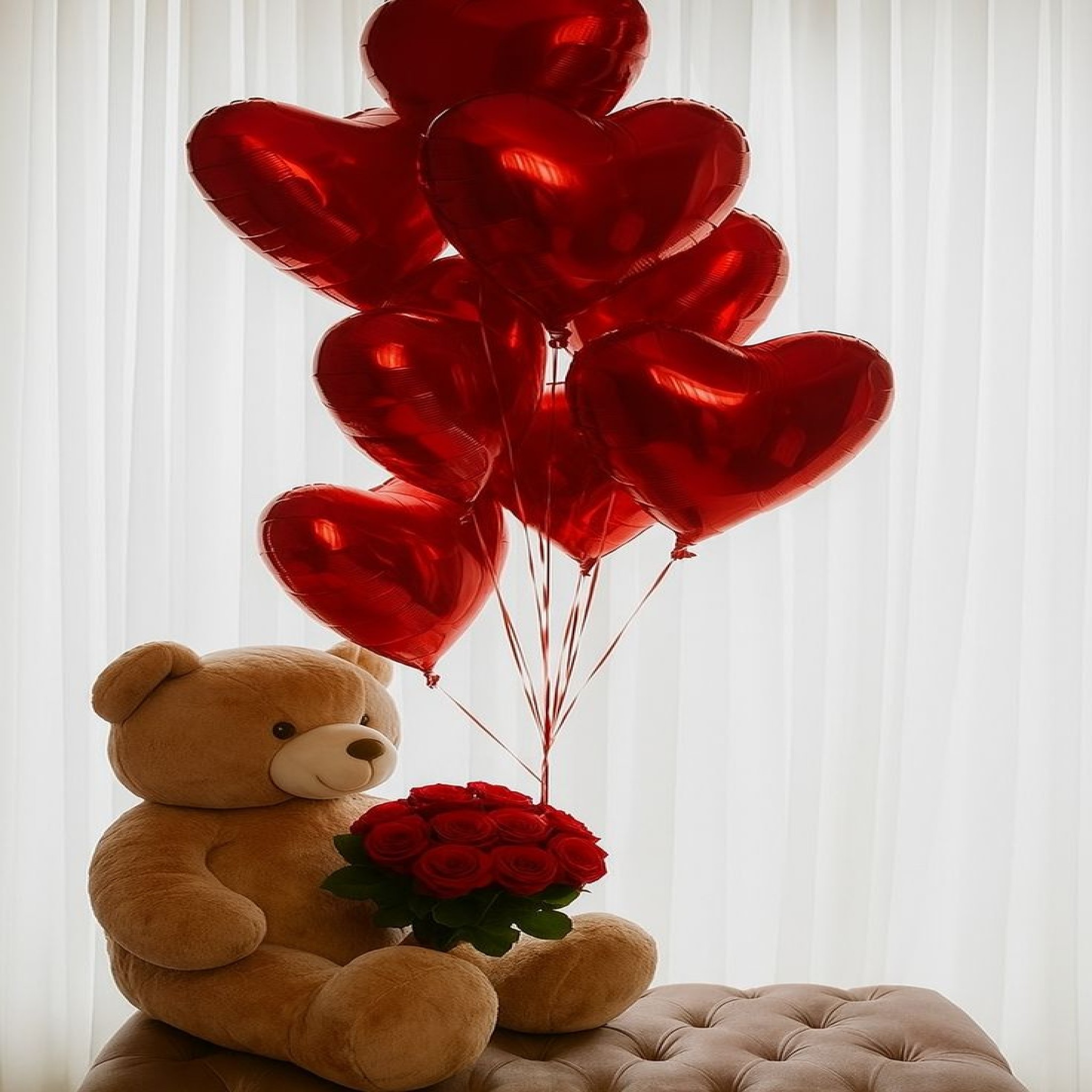 Ultimate Romance Gift Bundle: Giant Teddy Bear, Fresh Roses & Helium Heart Balloons